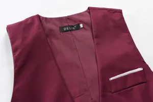 Close-up detail of men's burgundy suit vest interior collar label and chest pocket design.
