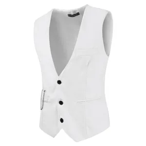 Men's casual slim fit suit vest white business waistcoat with black buttons and pocket chain.