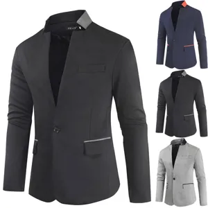 Men's Casual Slim Fit Suit Jacket Single Button Long Sleeve Patchwork Business Blazer