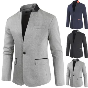 Men's slim fit single button blazer jacket with contrast color collar and cuffs for stylish wear.