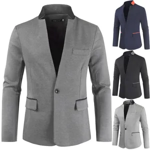 Men's casual slim fit single button blazer jacket with color block details and lapel collar.
