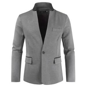 Men's slim fit gray blazer jacket with black contrast collar, single button and elegant design.