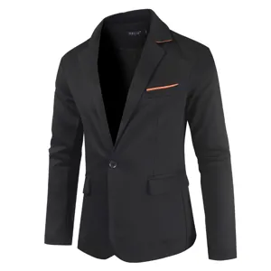 Men's casual slim fit blazer in black with orange polka dot trim details for stylish wear.