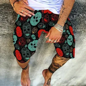 Men's casual summer beach shorts with colorful skull print, loose straight fit. Ideal choice.