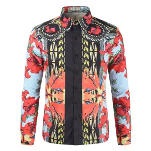 Detail view of men's baroque printed long-sleeve shirt collar and geometric button placket design.