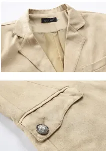 Close-up detail van heren faux-suede blazer kraag en zak met vintage knopen voor casual stijl.