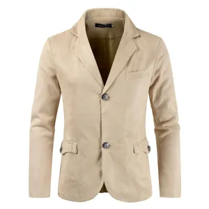 Heren casual beige faux suède blazer slim fit met eenknoops sluiting en nette revers