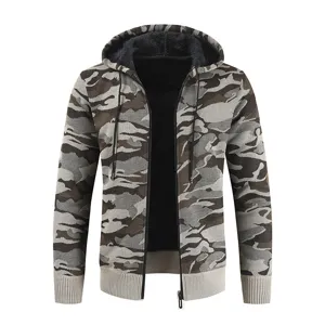 Men's stylish camo fleece-lined zip hoodie casual knitted winter warm outerwear jacket