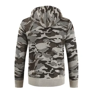 Back view of a stylish camouflage knitted hoodie, casual men's fashion sweater detail.