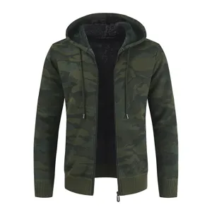 Close-up detail of the stylish men's camouflage hooded knit sweater with cozy fleece lining.