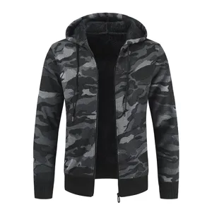 Detailed view of black grey camo knit fleece hoodie zipper cardigan men winter apparel.