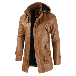 Veste longue en cuir PU marron pour homme avec capuche, manteau slim doublé décontracté.