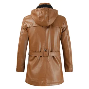 Veste en cuir PU marron pour hommes mi-longue à capuche manteau décontracté vue arrière