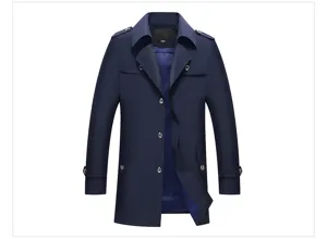 Men's stylish dark blue trench coat with lapel and long sleeves for autumn season.