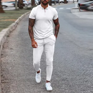 Men short sleeve polo shirt and jogger pants two piece set casual summer outfit detail view.