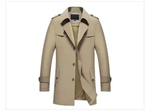 Men's casual khaki trench coat autumn fashion single-breasted jacket with lapel and epaulets.