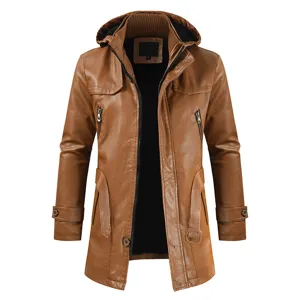 Veste en cuir PU marron pour homme manteau long a capuche automne hiver mode vetement