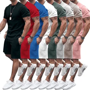 Men's Casual Summer Cotton Blend Top And Bottom Short Sleeve T-Shirt And Drawstring Shorts Solid Color Tracksuit