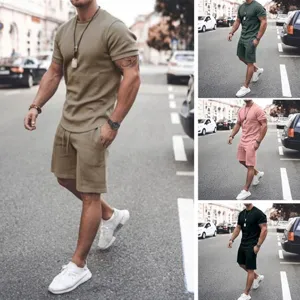 Men casual summer t-shirt and shorts set, comfortable loose two piece outfit for daily wear.