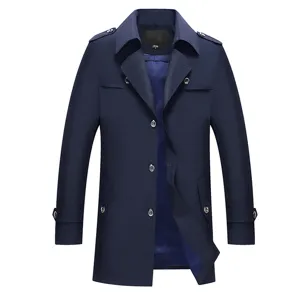 Men's casual slim fit trench coat solid navy blue lapel jacket with buttons and epaulets main