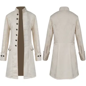 Men vintage jacquard stand collar long coat front and back view detailed costume fashion