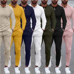 Men Casual Tracksuit Polo Shirt And Long Pants Outfit Fashion Solid Color Long Sleeve Athletic Jogger Activewear