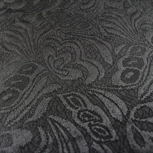 Close-up of black jacquard fabric, exquisite floral pattern, premium texture for stylish coat.