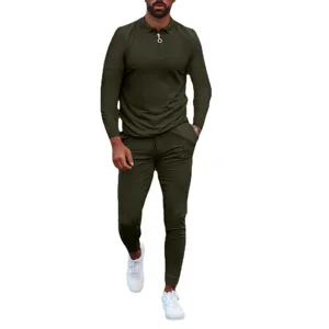 Men's long sleeve polo shirt and tracksuit set casual solid color outfit main view.