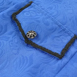 Men retro stage coat detail royal blue brocade fabric black trim metallic button jacket.