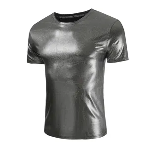 Camiseta Casual de Manga Corta con Cuello Redondo para Hombre Corte Ajustado Metálico Brillante Color Sólido Top de Verano