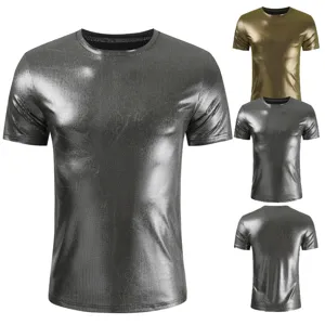 Camiseta hombre metalizada brillante manga corta cuello redondo casual top verano moda