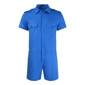 Men's short sleeve summer slim fit casual utility romper jumpsuit with chest pockets.