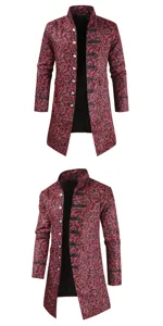 Detailed view of men's steampunk vintage long trench coat featuring red and black damask pattern.