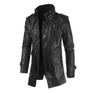Veste en cuir PU mi-longue homme col montant fourrée manteau hiver chaud vêtement