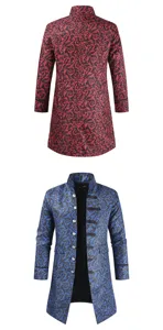 Men's Steampunk Long Coat Vintage Baroque Print Stand Collar Winter Windbreaker Jacket