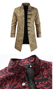 Men vintage steampunk long trench coat gothic baroque floral print jacket outerwear