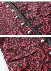 Mens steampunk vintage baroque print long coat detail view with metal buttons and trim.