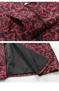 Close-up of red and black vintage pattern fabric and smooth black lining for steampunk trench coat.