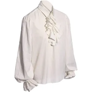 Weißes Herren Rüschen Bühnen-Performance-Shirt mit filigranen Spitzenmanschetten und Kragen.