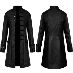 Mens vintage long trench coat black stand collar retro gothic uniform outerwear