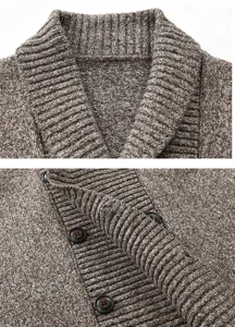 Detailed shot of men's knit cardigan shawl collar and buttons texture close up view.
