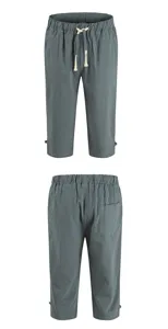 Herren Leinen Freizeithose Detailansicht, einfarbige gerade Kordelzug Kurze Hose.