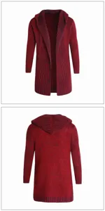 Herren Strickjacke mit Kapuze, mittellanger figurbetonter Pullover Mantel, Detailansicht.