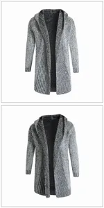 Nahaufnahme der grauen Melierte Herren Strickjacke mit Kapuze, Textur und Strickdetail.