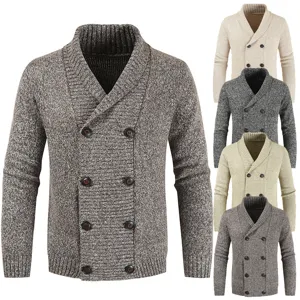 Men's Casual Knit Cardigan Sweater Double Breasted Shawl Collar Long Sleeve Autumn Outerwear Business Knitwear