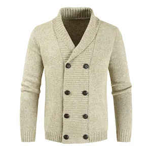 Men's khaki knit cardigan sweater with shawl collar and double-breasted buttons, casual autumn wear.
