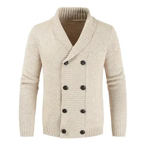 Men's casual knit cardigan sweater with shawl collar and double-breasted buttons in beige.