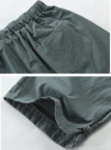 Herren Freizeit Leinen Shorts Detailansicht, elastischer Bund und Tasche für Sommer.