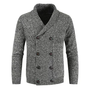 Men's grey shawl collar double-breasted cardigan sweater autumn casual knitted outerwear
