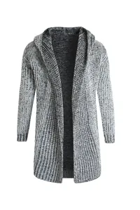 Herren mittellanger Kapuze Strickjacke Pullover, lässiger Herbst Winter Mantel.